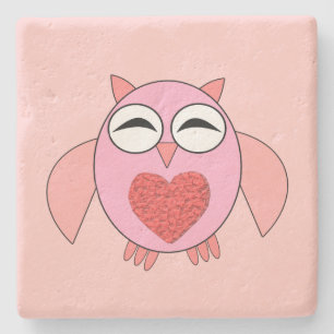 Roze Love Heart Owl Stone Onderzetter