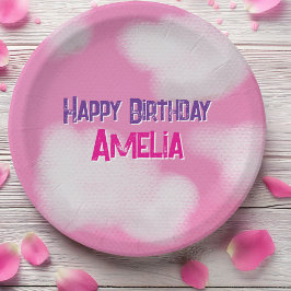 Roze lucht en pluizige wolken Verjaardag Papieren Bordje