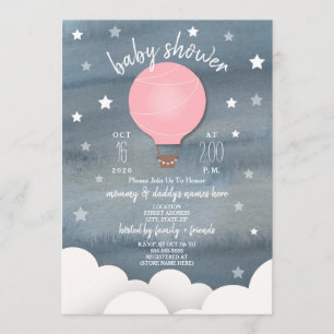 Roze luchtballon + Stars Girl Baby shower Kaart