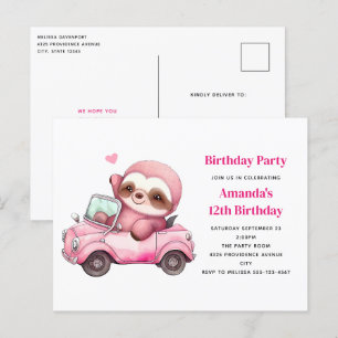 Roze luiaard rijden een cabriolet verjaardagsfeest briefkaart