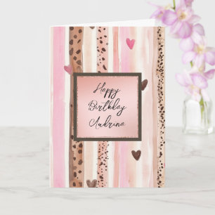 Roze Luipaard Dier Strepen Harten Blush Verjaardag Kaart