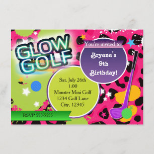 Roze Luipaard Glow Golf Golf Feest Uitnodigingen