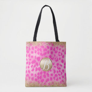 Roze Luipaard Jachtluipaard Print Gouden Glitters Tote Bag
