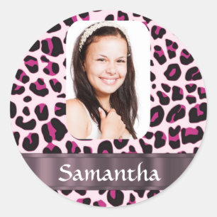 Roze luipaard print foto sjabloon ronde sticker