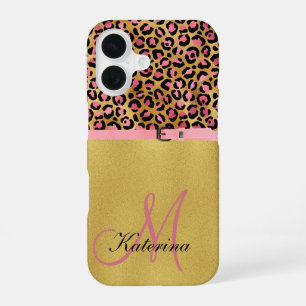 Roze Luipaardprint en Gouden Folie iPhone Hoesje iPhone 16 Hoesje