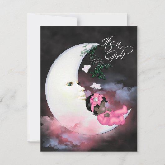 Roze Maan Afrikaans Amerikaans Baby Meisje Douche Kaart (Voorkant)