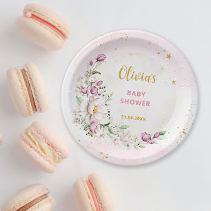 Roze Maan Baby Shower met Bloemen Papieren Bordje
