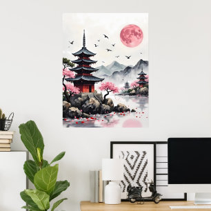 Roze maan boven de pagode poster