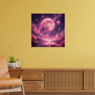 Roze Maan Kersenbloesem Fantasie Nachtelijke Hemel Poster