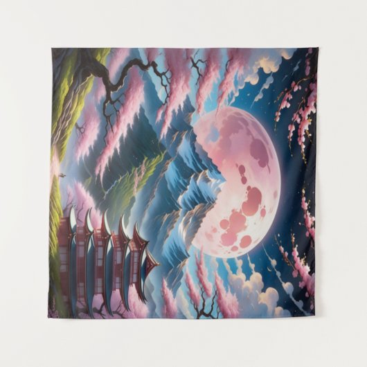 Roze Maan & Kersenbloesempagode: Ingewikkelde Anim Wandkleed (Voorkant (horizontaal))