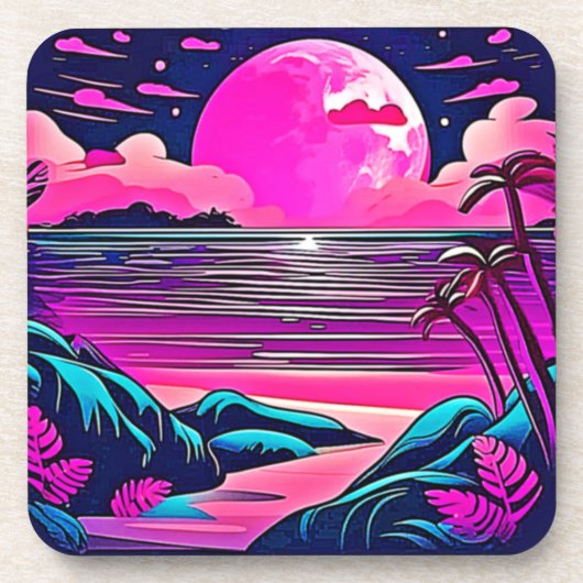 Roze Maan Neon Beachscape Bier Onderzetter (Voorkant)