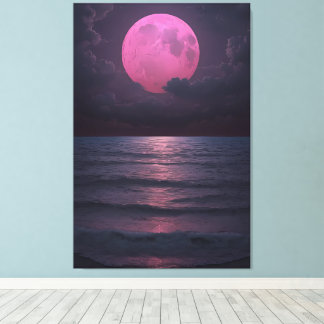 Roze Maan Serenade — Een Dromerige Oceannacht Canvas Afdruk
