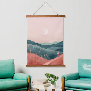 Roze Maan Teal Boho Berglandschap Hangend Wandkleed