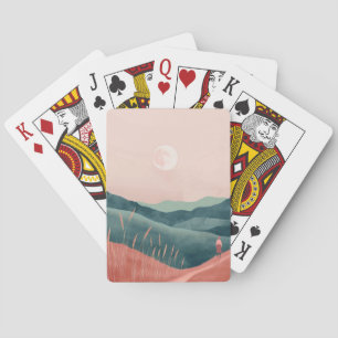 Roze Maan Teal Boho Berglandschap Pokerkaarten