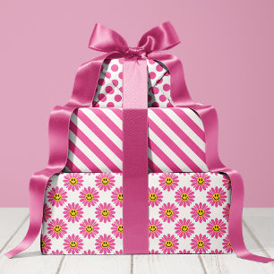 Roze Madeliefje Bloem Strepen Stippen Inpakpapier Vel
