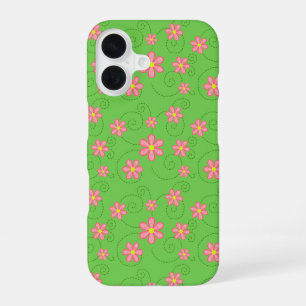 Roze madeliefje en Bug Trail-patroon op heldergroe iPhone 16 Hoesje