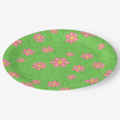 Roze madeliefjes en bug trails op helder groen papieren bordje (Gekanteld)