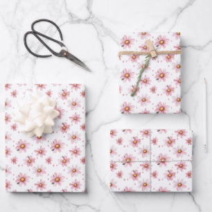 Roze madeliefjes & stippen op wit inpakpapier vel