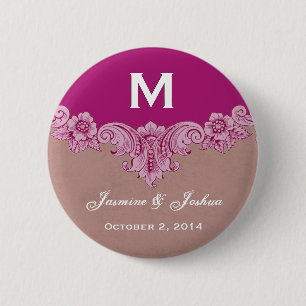 Roze magenta  aangepast monogram bruiloft ronde button 5,7 cm
