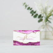 Roze Magenta Agate Gold Glitter Monogram Script Visitekaartje (Staand voorkant)