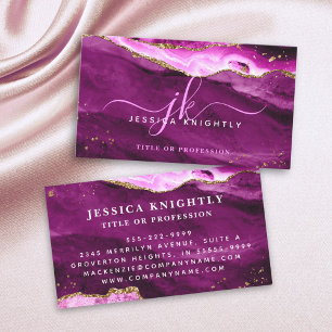 Roze magenta Agate Gold Glitter Script Monogram Visitekaartje