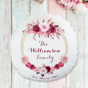 Roze Magenta Bloemen Cottage Krans Familie Monogra Rond Kussen