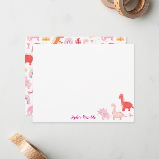 Roze Magenta Dino Dinosaur Script Notitiekaartje (Voorkant / Achterkant in situ)