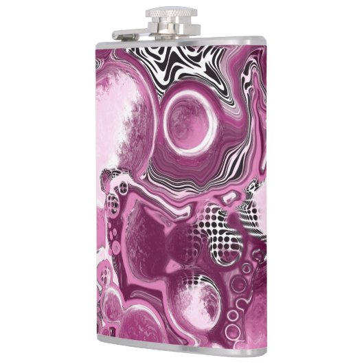 Roze, magenta en zwart-witvormig kunstkleurmateria heupfles (Links)