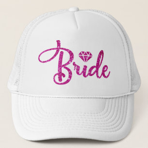 Roze Magenta Glitter Bruids Hoed op Maat Witte Bru Trucker Pet