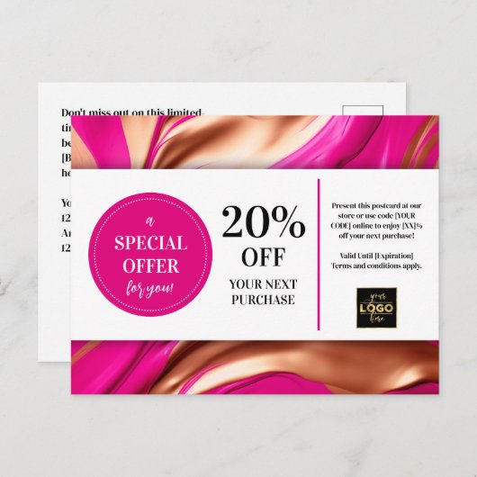 Roze Magenta Gold Swirls Coupon Korting Briefkaart (Voorkant / Achterkant)