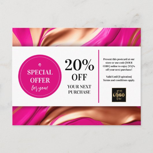 Roze Magenta Gouden Krullen Coupon Korting Postkaa Briefkaart (Voorkant)