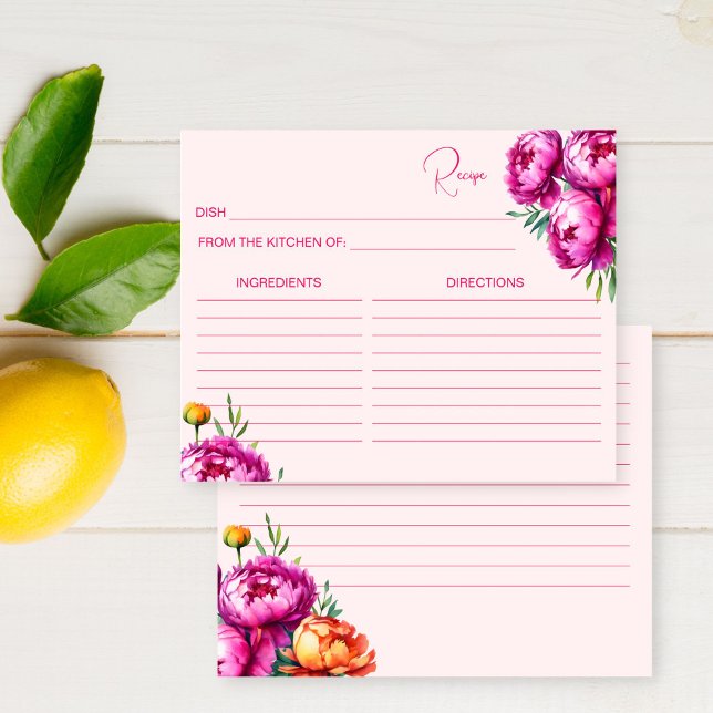 Roze magenta vrijgezellenfeest receptkaart (Pink magenta bridal shower recipe card
Pink magenta peach peonies spring summer bridal shower )