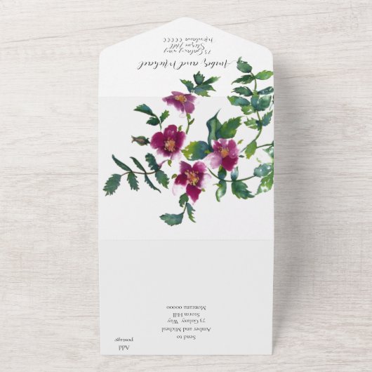  roze magenta waterverf rozen all in one uitnodiging (Buitenkant)