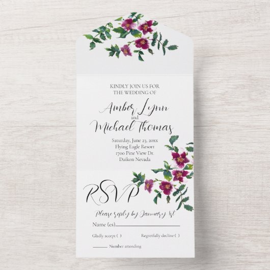  roze magenta waterverf rozen all in one uitnodiging (Binnen)