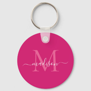Roze magenta Witte monogram Naam Modern Manuscript Sleutelhanger