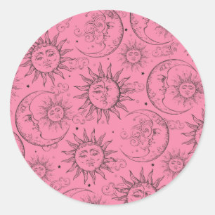Roze Magie Vintage Hemel Zon Maan Sterren Ronde Sticker
