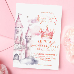 Roze Magisch Prinsessenkasteel 1e Verjaardagsfeest Kaart