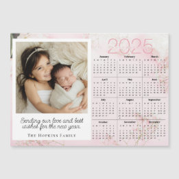 Roze magnetische kerstkaart met vakantiefoto op ma