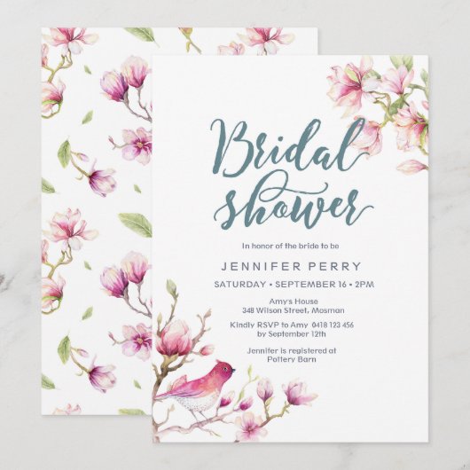 Roze Magnolia Bloemen Bruidsdouche Uitnodiging (Voorkant / Achterkant)
