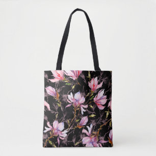 Roze magnolia-bloemen op een twijgpatroon draagtas