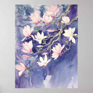 Roze Magnolia bloemen op paarse achtergrond Poster