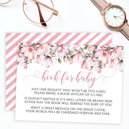 Roze magnolia bloemenboek voor baby showers kaarte informatiekaartje