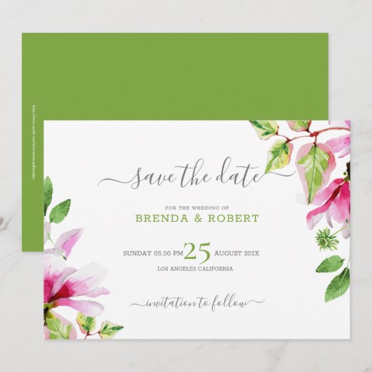Roze magnolia bloemenframe save the date (Voorkant / Achterkant)