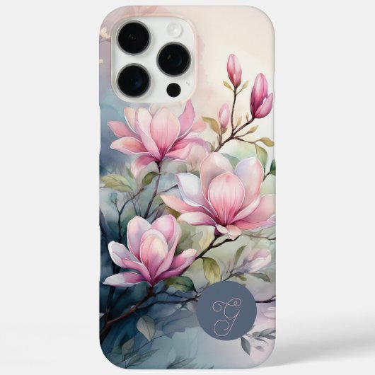 Roze Magnolia Bloesem Botanische Monogram Case-Mate iPhone Case (Achterkant)