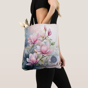 Roze Magnolia Bloesem Botanische Monogram Draagtas