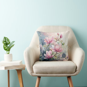 Roze Magnolia Bloesem Botanische Monogram Kussen