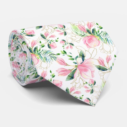 Roze Magnolia bloesems met gouden filigraan Design Stropdas (Opgerold)