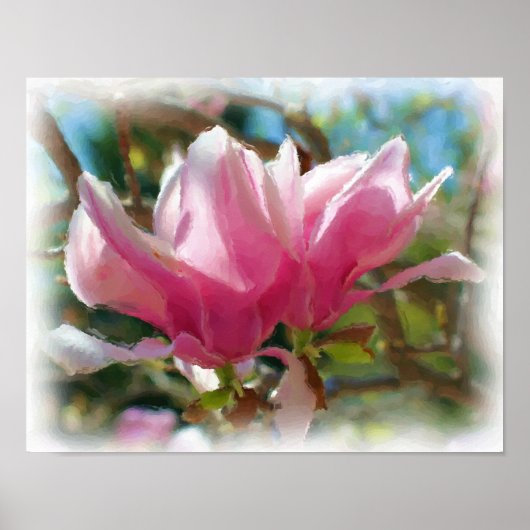 Roze Magnolia Blossingbloem Kunstfoto schilderen Poster (Voorkant)