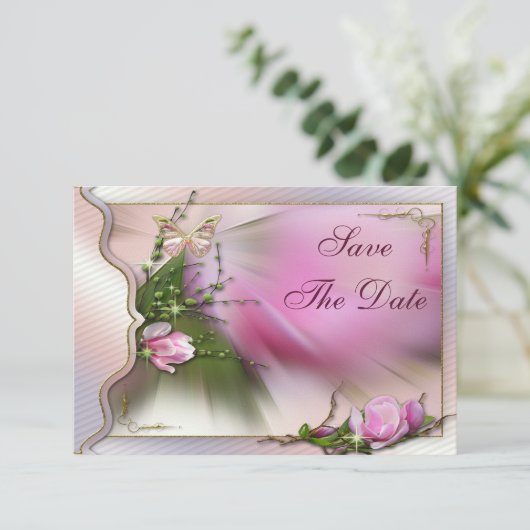 Roze Magnolia Butterfly Sparkle sparen de Datum Save The Date (Staand voorkant)