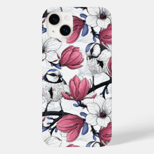 Roze magnolia en blauwe meesvogels Case-Mate iPhone 14 plus hoesje